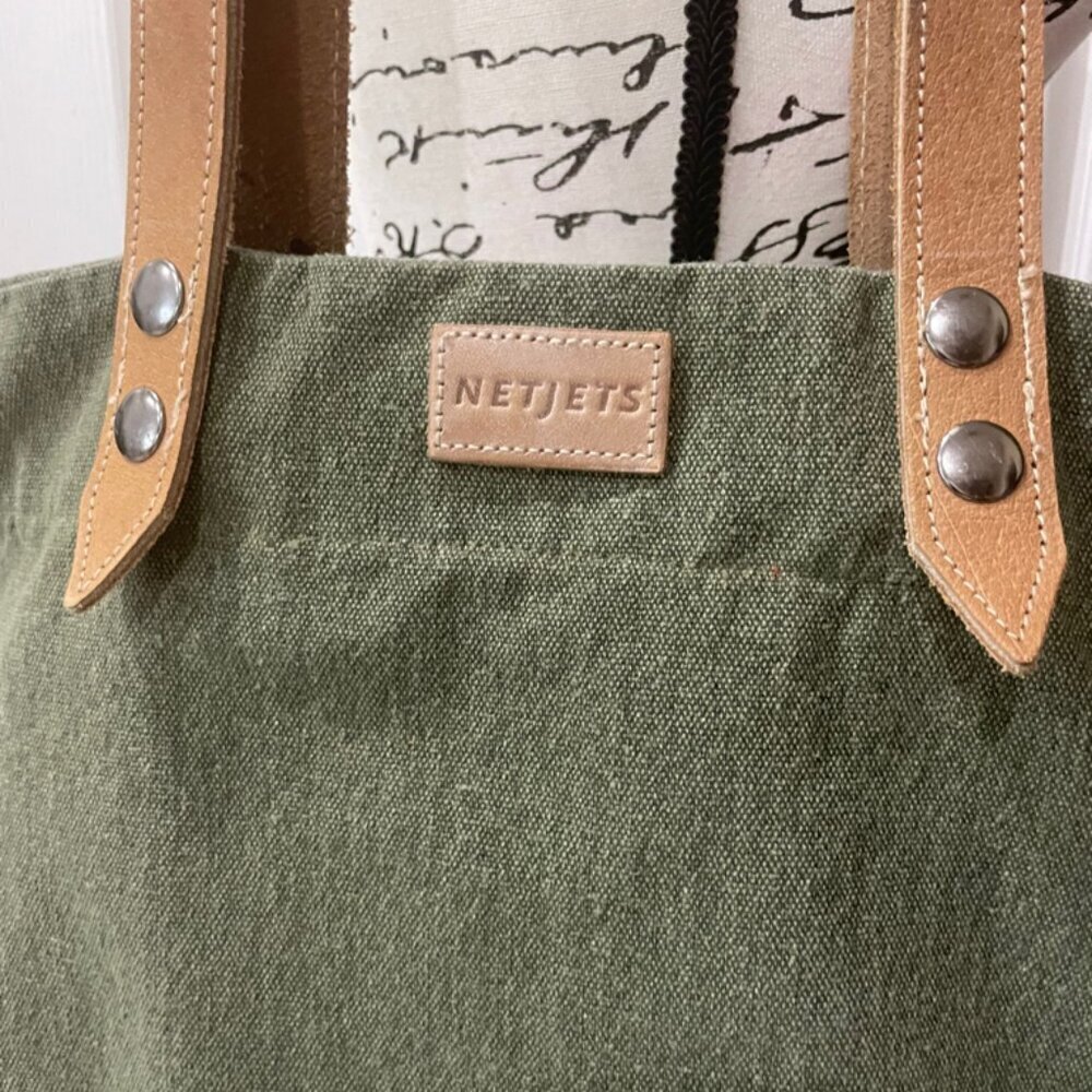 MILITARY GREEN CANVAS LEATHER TOTE BAG NETJETS BRAND - Picture 4 of 16